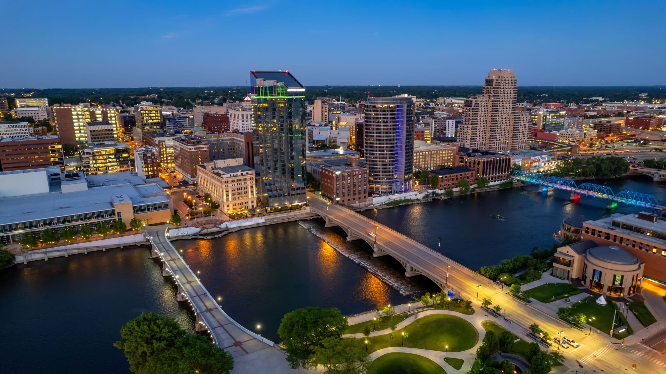 Aerial view of the downtown buildings in Grand Rapids, Michigan