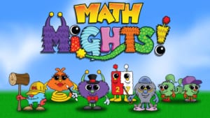 Math Mights - title screen with characters