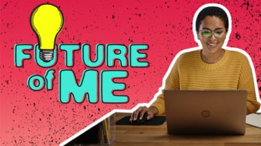 future of me logo next to a woman on a computer