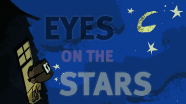 A cartoon-style young boy looks out his window at the night sky.