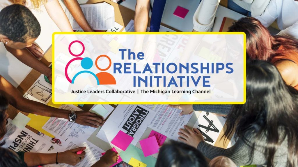 Group of teenagers workig on a design roject. the Relationships logo is on the image in a white rectangle
