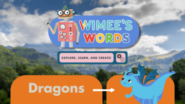 A photo of a mountain and sky landscape. The Wimee's Words logo, a graphic of a blue dragon, and the title 