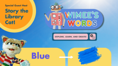 A photo of a clear blue sky with the Wimee's Words logo and text bubble 