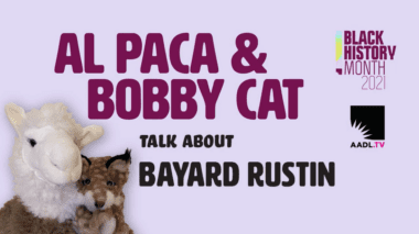 Alpaca puppet and cat puppet on purple background with text reading 