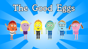 cartoon anthropomorphic eggs on a blue bacground